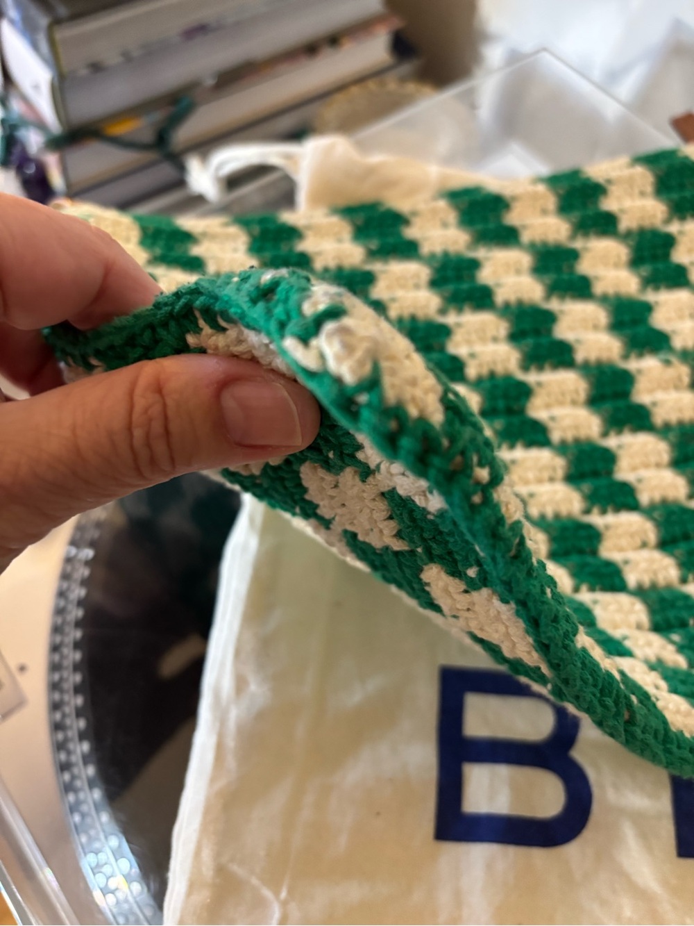 Clare V. Flat Clutch with Tabs in Sea Green & Cream Mini Crochet Checker - EUC - Picture 11 of 13